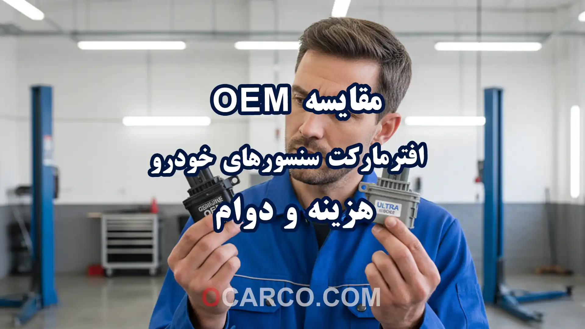 تصویر شاخص مقایسه OEM و افترمارکت سنسورهای خودرو از نظر هزینه و دوام با نمایش دو سنسور رو در رو.
