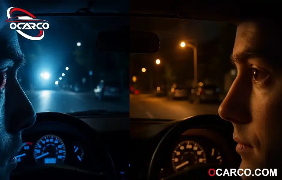 نمایش تأثیر رنگ و دمای نور چراغ جلو خودرو بر خستگی چشم راننده در رانندگی طولانی شبانه 