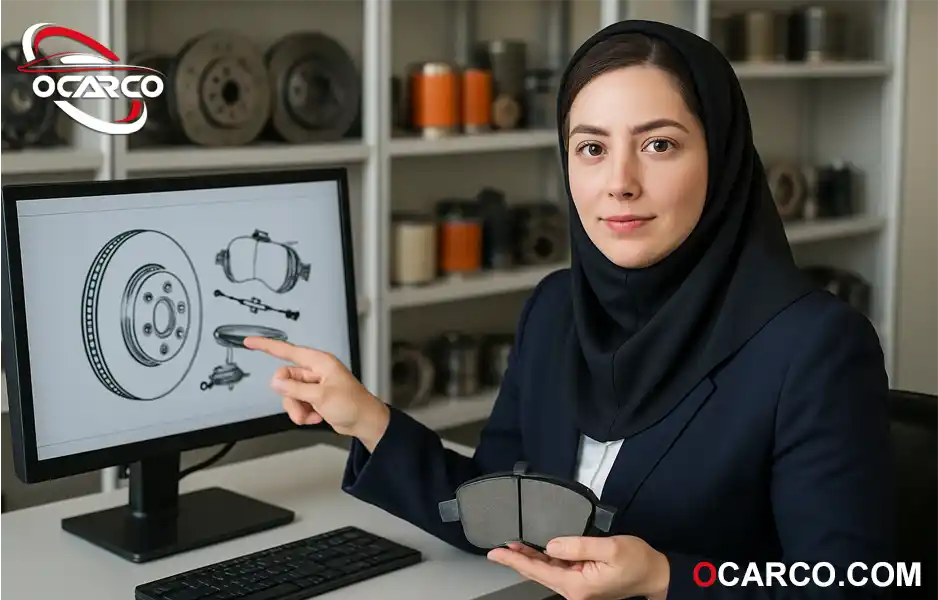 مکانیک در حال بررسی لنت ترمز عقب روی میز به عنوان راهنمای خرید لنت ترمز عقب باکیفیت و مقایسه مدل ها 
