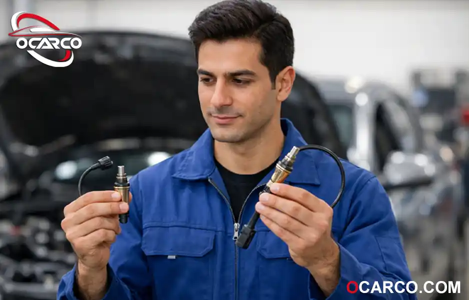 دو سنسور اکسیژن سیم کوتاه و مدل استاندارد با طول سیم و سوکت متفاوت روی میز کار 