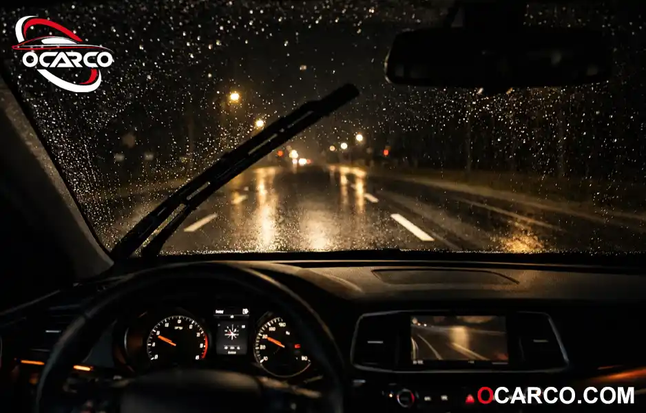 دید راننده از داخل کابین در جاده بارانی با لامپ H7 نور پایین با دمای رنگ مناسب 