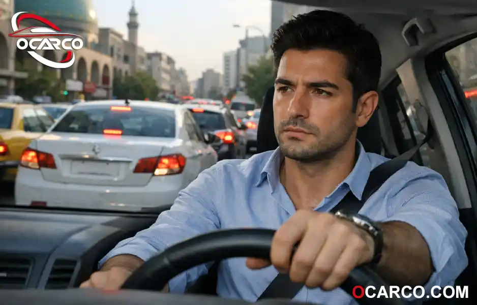 پای راننده روی پدال ترمز در ترافیک شهری متراکم که فشار مداوم به لنت و دیسک عقب وارد می‌کند 