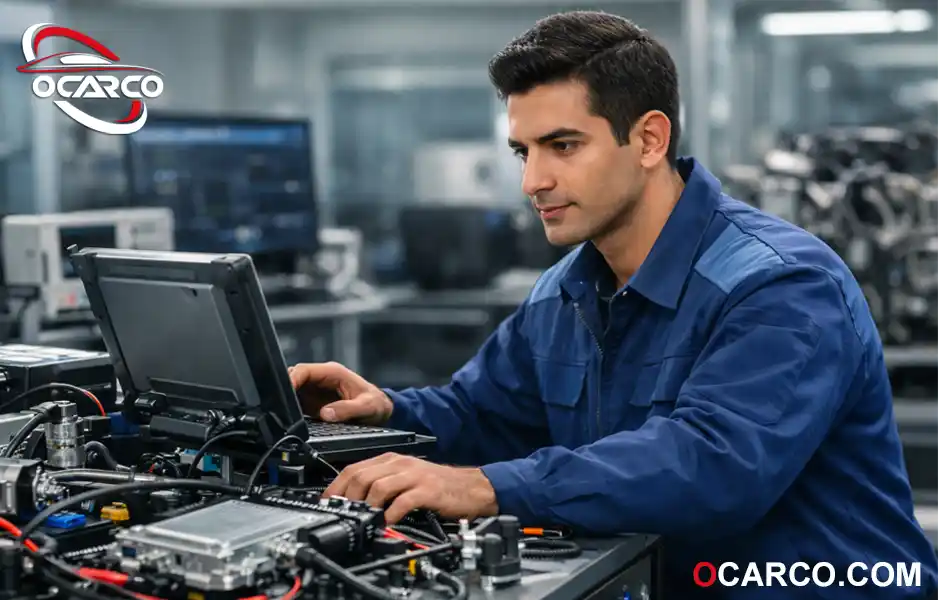 ECU خودرو همراه با سنسور اکسیژن و سایر سنسورهای موتور متصل به دسته سیم روی میز تست 