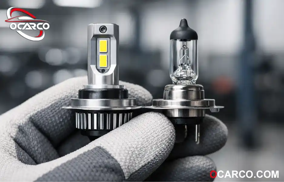 مقایسه نزدیک لامپ H7 هالوژن و لامپ H7 LED با فیلامنت و چیپ متفاوت در دست تعمیرکار 